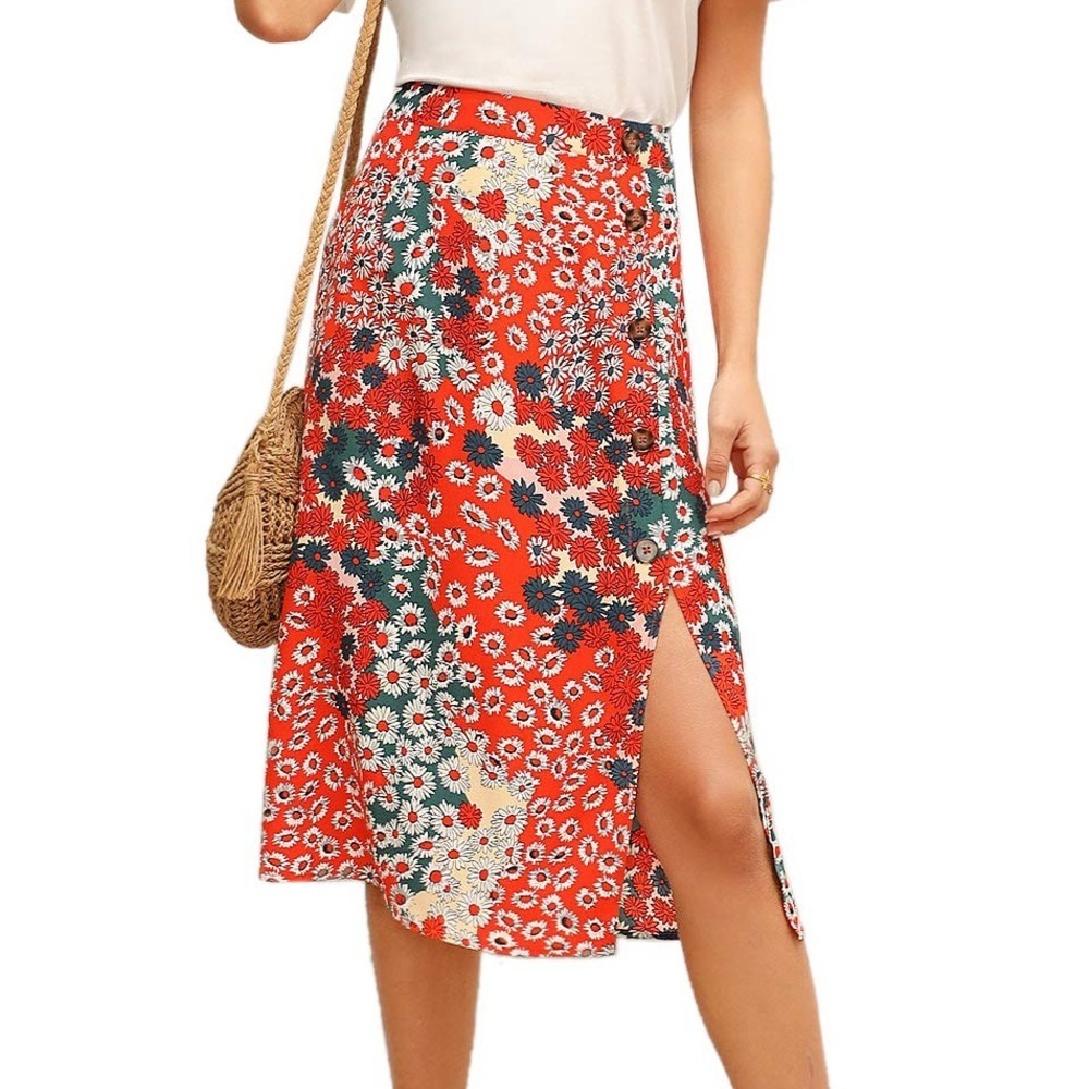 Boho Floral High Waist Split A Line Midi Skirt
